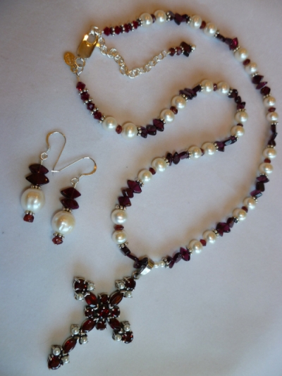 Garnet & Pearl Cross Necklace